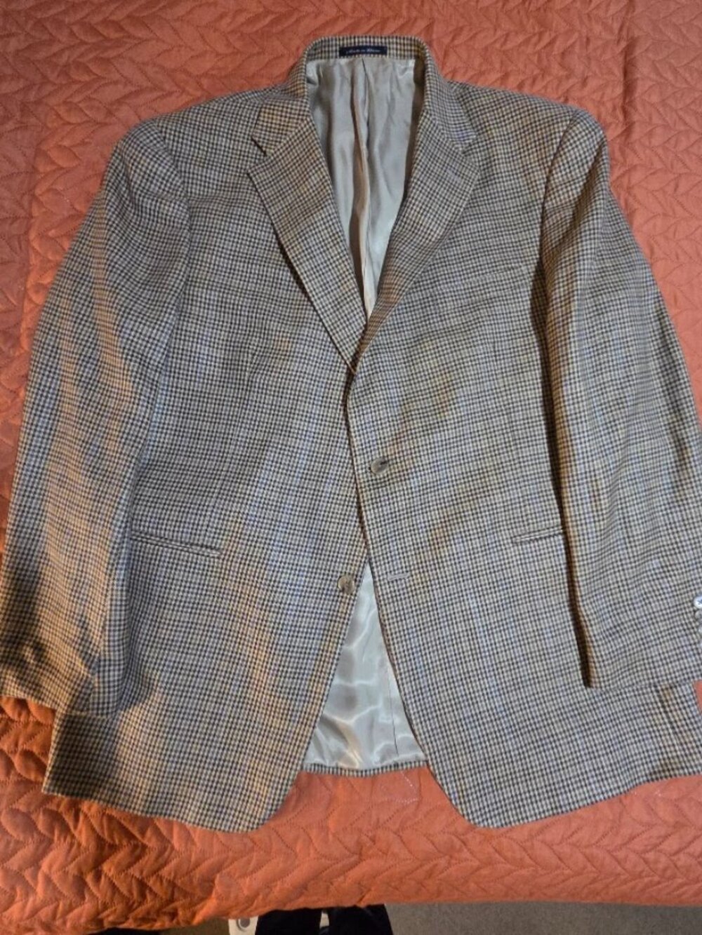 Austin Reed London 46R Wool Silk Sport Coat Tan Blue Check Blazer 2 Button